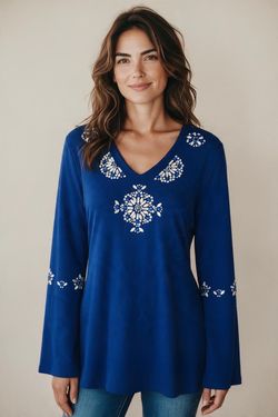 NEW Women Size M Soft Surroundings Beaded Blue Tunic