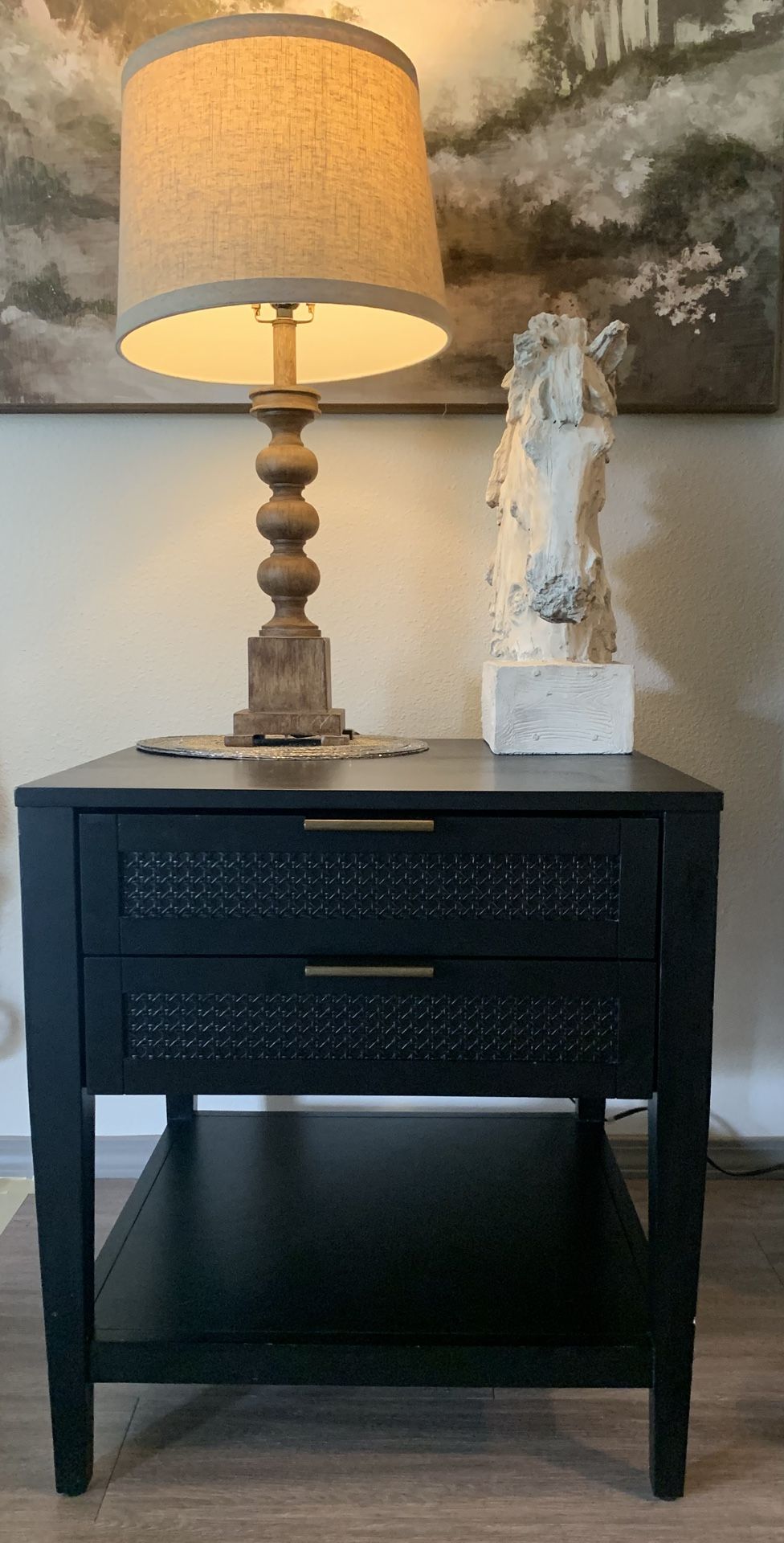 End Table/Nightstand - Black with Rattan & Gold Accents