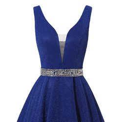 Navy Blue Glitter V-Neck Homecoming/Prom/Quinceanera Dama Dress