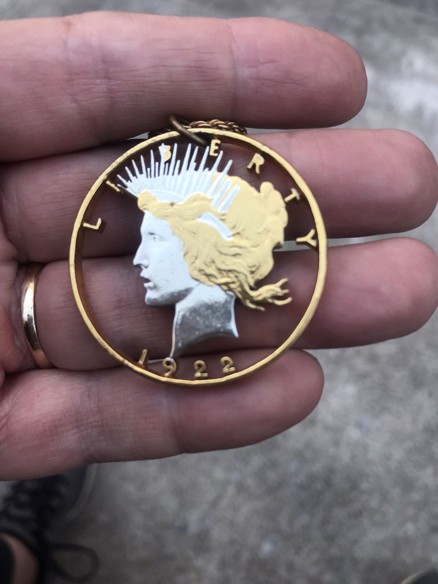 US 1922 Peace Dollar, Hand Cut Silver Dollar, Cut Coin Jewelry, Antique Real Silver N Gold Plated Back As Well As Detail