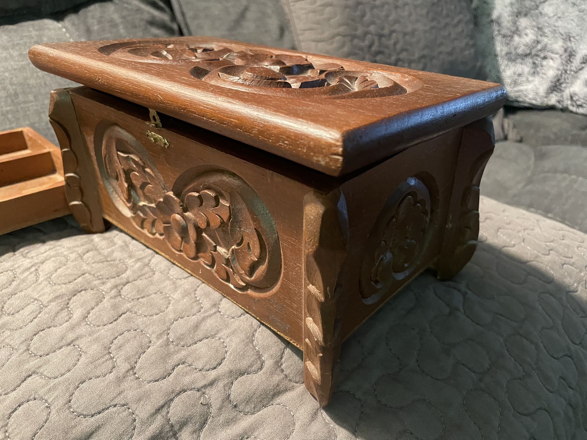 Beautiful Vintage Hand Made Hand Carved Wooden Jewelry Box
