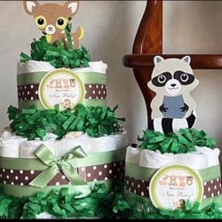 2 Tiered Deer and 1 Tiered Raccoon Diaper Cakes