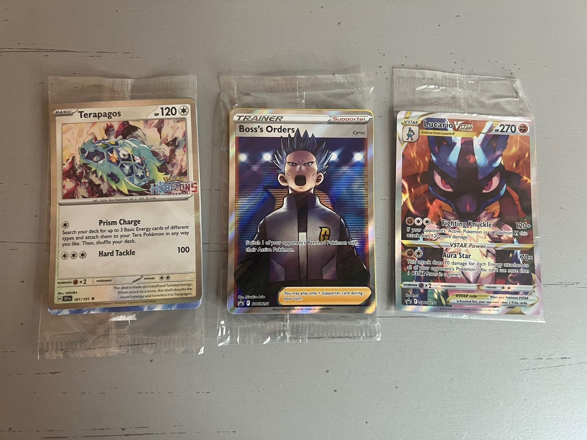 Pokemon TCG 3 Promo Cards (Terapagos H Stamped, Boss’s Order, Lucario Vstar)