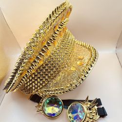 Steampunk Burning Man Sequins Gold Military Cap Hat
