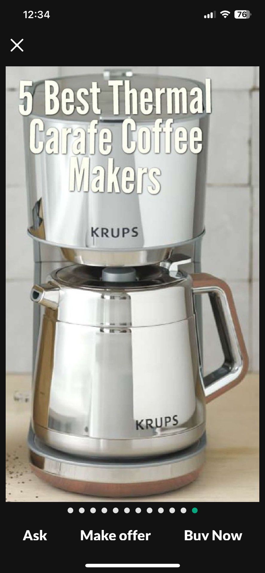 Krups KT600 Stainless Steel Metal Coffee Maker Drip KT 600 Rare Silver Chrome Machine Thermal Carafe 10 Cup Moma Award Williams Sonoma