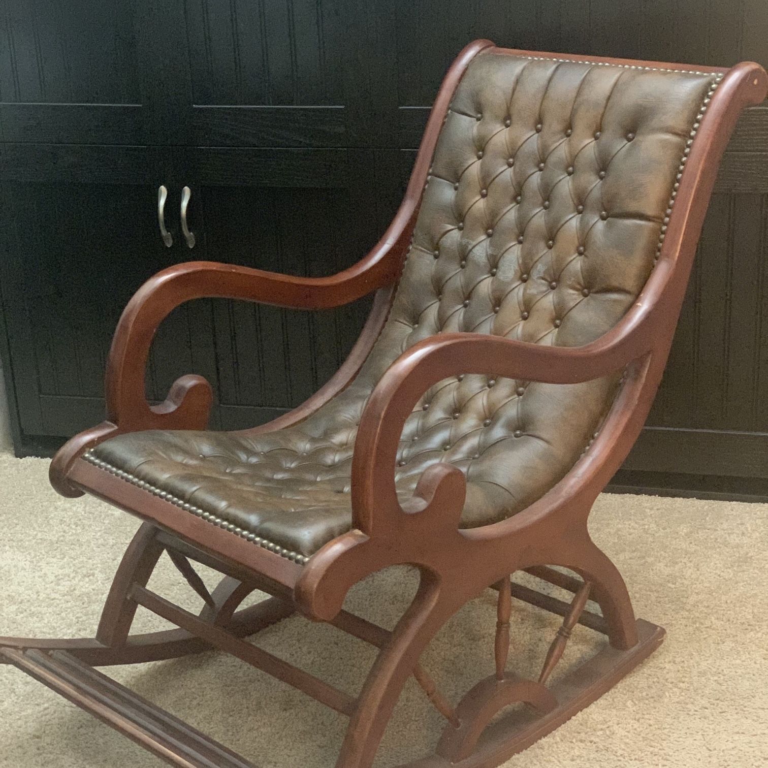 Wood Leather Brown Rocking Chair