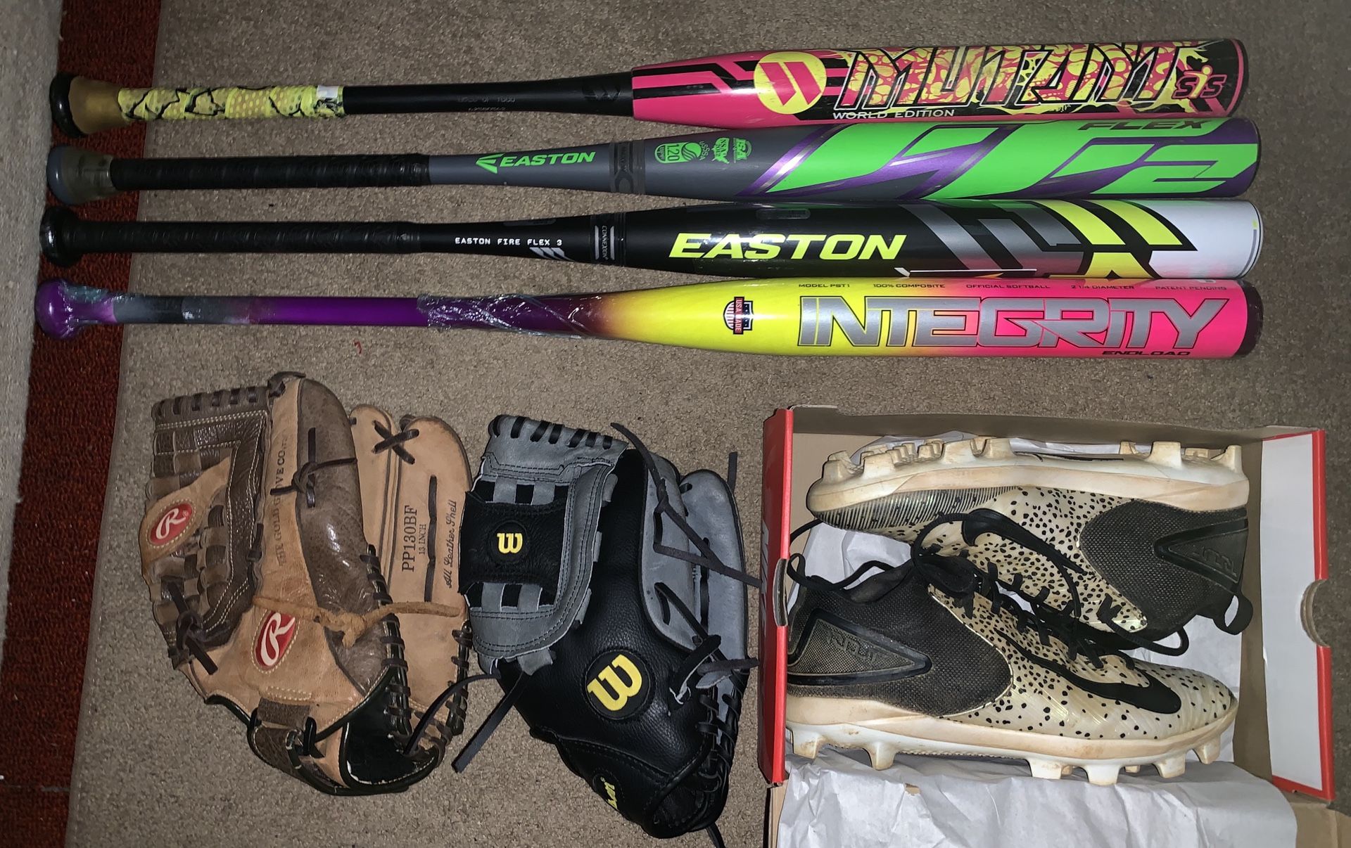 Softball bats, gloves & cleats