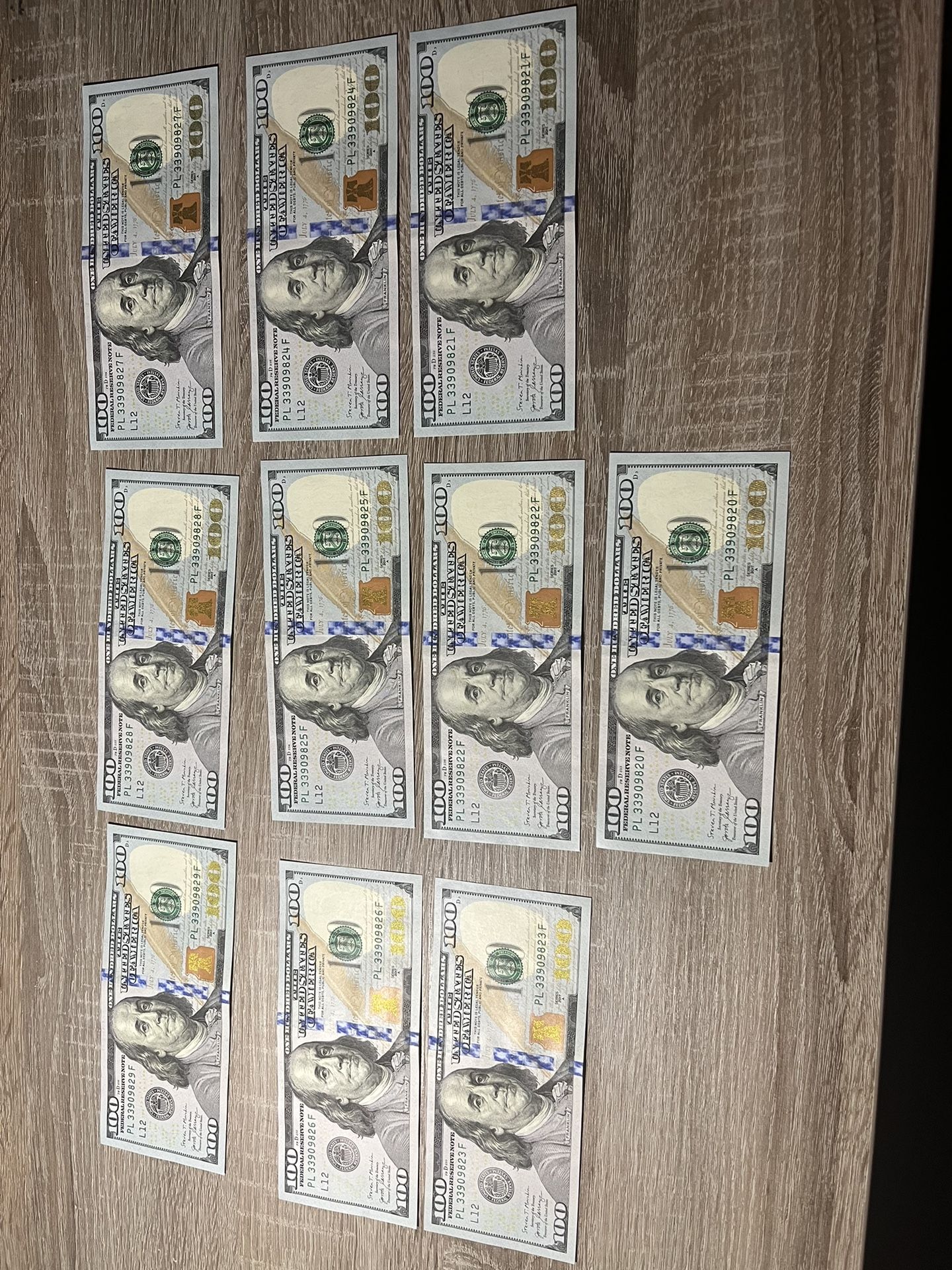 Ten 100 Dollar Bills Serial Number From 20 To 29