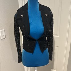 Women’s Small Black Moto-Style Jacket w/ Lace Sleeves + Lace Back Panel – Zip Detail, Snap Collar (Dressy/Edgy)