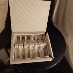 Vintage Mid-Century Japanese Enamel Cocktail Forks - Set of 6 - Stainless Steel - Boxed