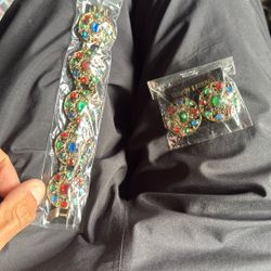 Beautiful vintage gemmed earrings, and bracelet costume jewelry