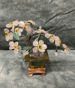 Jade Bonsai Tree w Rose Quartz Cherry Blossoms in Brass & Jade Pot