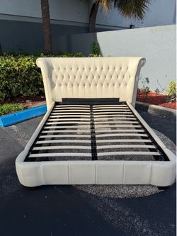 Beautiful white cream light beige leather queen size bedframe bed frame modern contemporary bedroom furniture modern contemporary