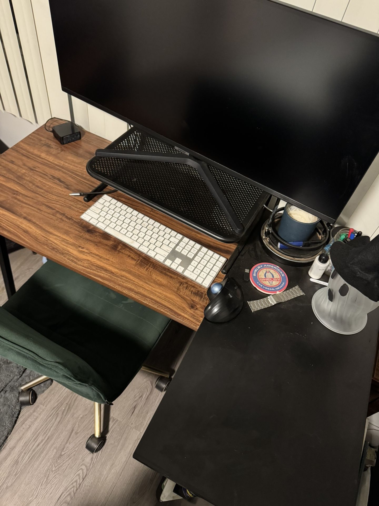 Home Office Desk & Chair - Industrial Style L Shaped Desk With Shelving, Green Velvet Plush Chair With Gold Legs Adjustable Height