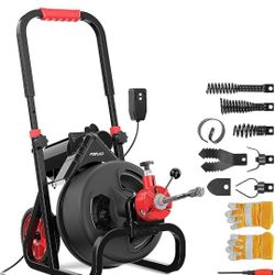 75 ft x 1/2 inch Upgraded Electric Sewer Drain Snake Auger with 8 Cutters and 1 Root Killer, for 2-4 inch Pipes, Auto Feed Plumbing Drain Cleaner Mach