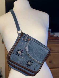 Beaded Denim with Zipper Pocket Shoulder Bag