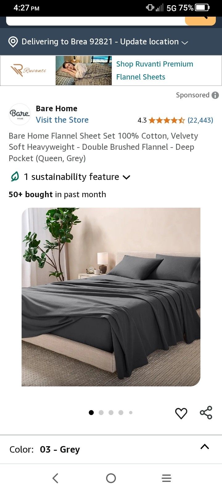 Bare Home Flannel Sheet Set 100% Cotton, Soft Heavyweight - Double Brushed Flannel - Deep Pocket (Queen, Grey)
