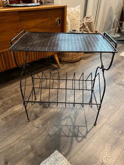 Vintage Mid-Century Modern Black Wire Record Player Stand & LP Rack