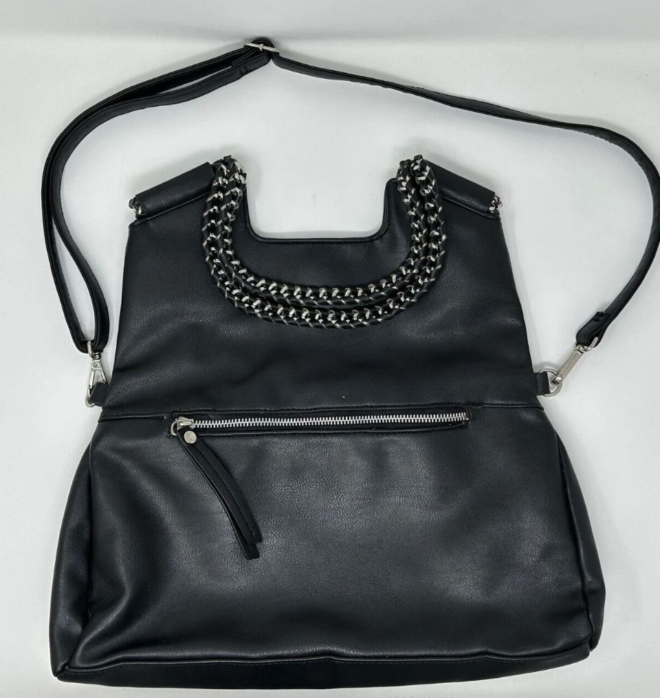 NEW Carlos Santana Black Faux Leather Silver Chain Large Tote Crossbody Shoulder Bag