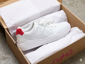 Ryka Era Women's Lace-Up Court Sneaker - Brilliant White/Salsa Red - Size 9