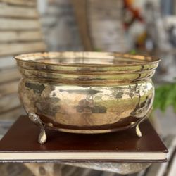 Large 10" Vintage Hammered Brass Footed Planter Bowl - Mirror Polished