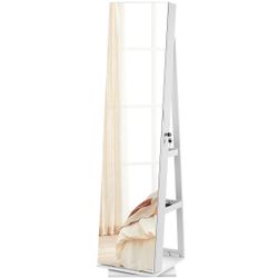 New in box   6 LEDs Lockable Mirror Jewelry Cabinet, 360° Swivel Jewelry Organizer Armoire Standing, Frameless Full-Length Mirror, 3 Storage Shelves, 