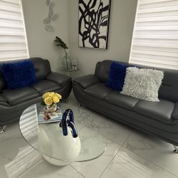 Grey Leather Sofa and Glass Table Set