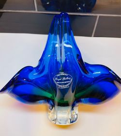 Vintage Royal Gallery hand blown cobalt blue and green stunning basket