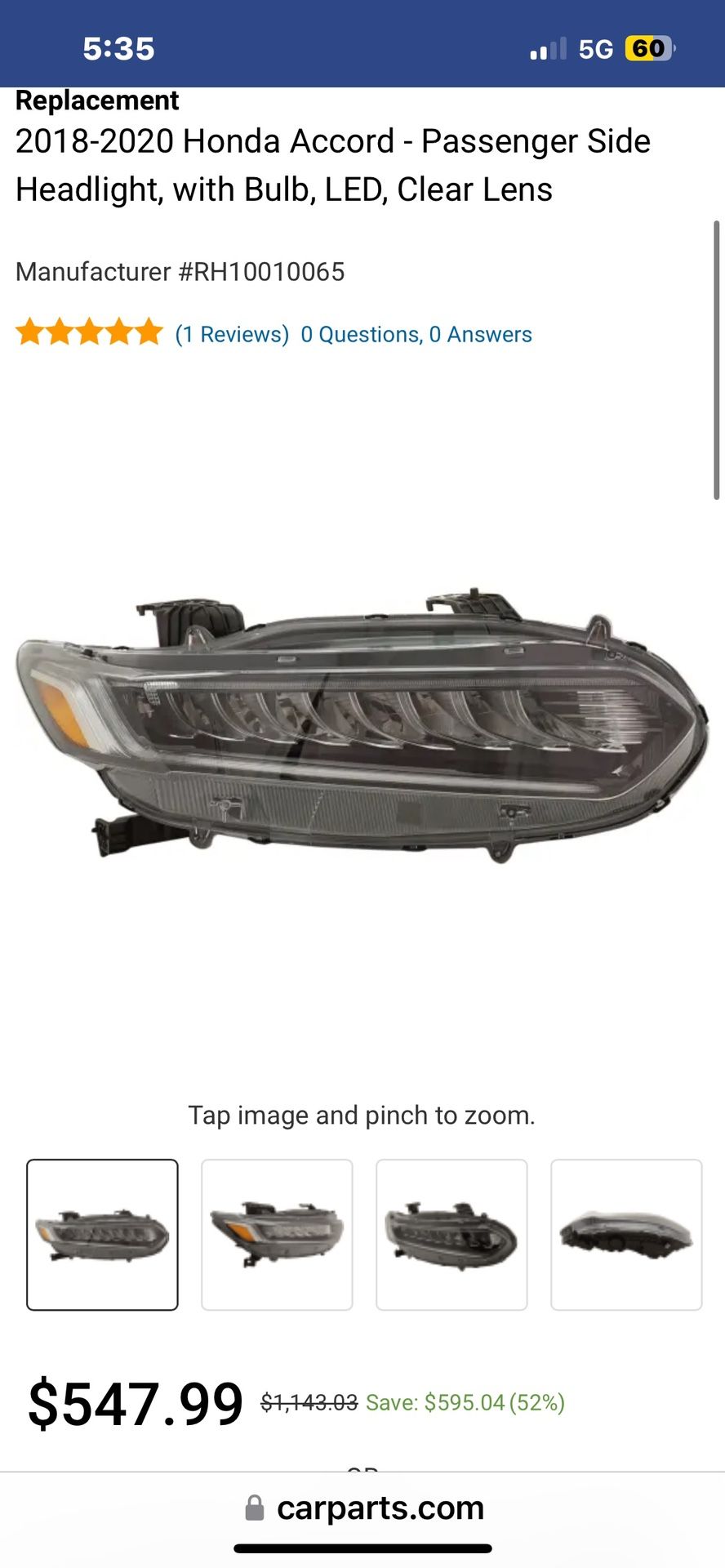 2018-2020 Honda Accord - Passenger Side Headlight, with Bulb, LED, Clear Lens