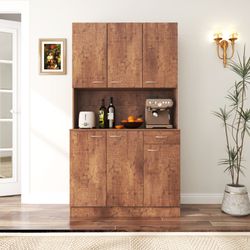 70.87 Tall Wardrobe& Kitchen Cabinet, with 6-Doors, 1-Open Shelves and 1-Drawer for bedroom,Walnut