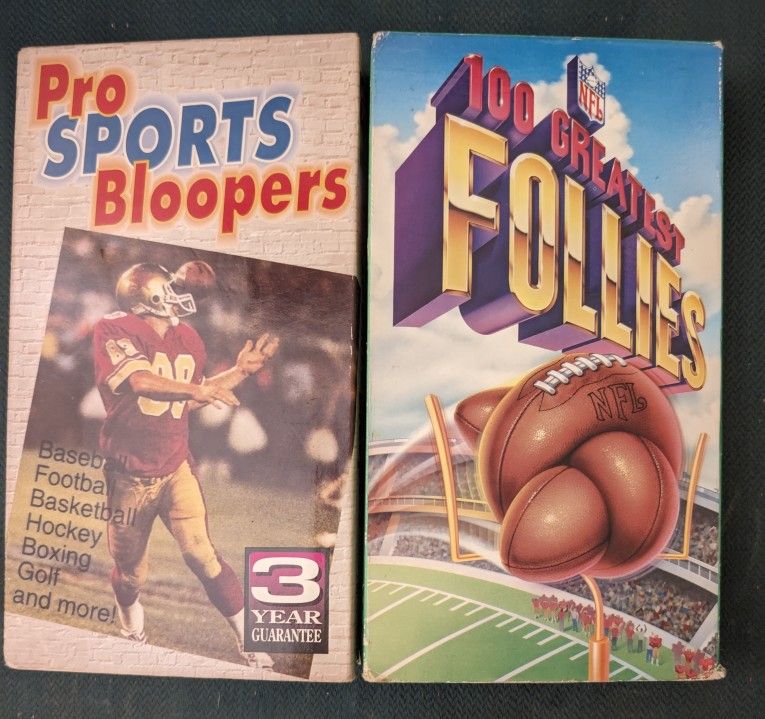 NFL 100 Greatest Follies 50 min & Pro Sports Bloopers (all sports, 30 min) both 1994 on VHS tapes. East or west