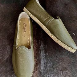 Designer Olive Green Genuine Leather Loafers Women 7