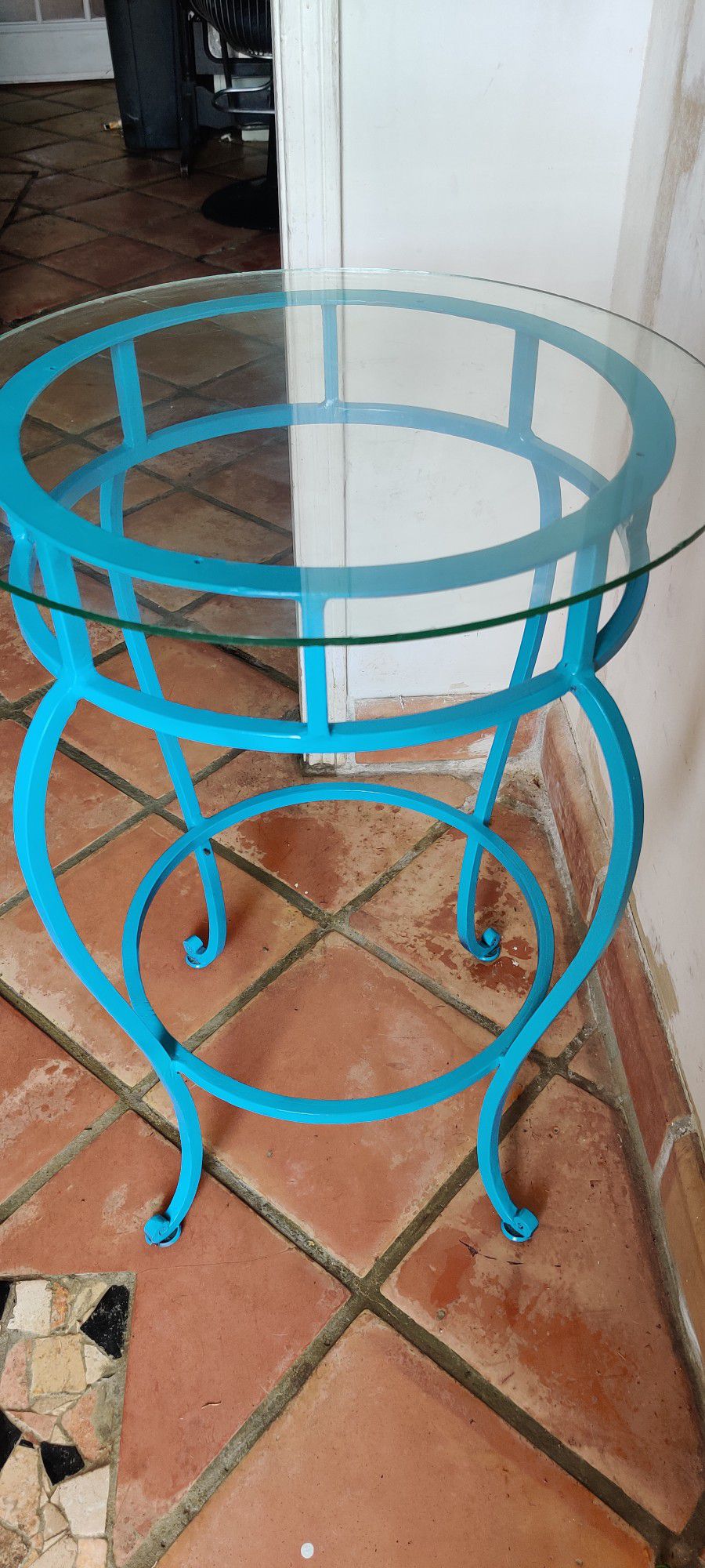 VTG Turquoise Wrought Iron Metal Glass top Table