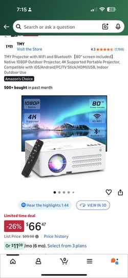 TMY Projector with WiFi and Bluetooth【80" screen included】Native 1080P Outdoor Projector, 4K Supported Portable Projector, Compatible with iOS/Android
