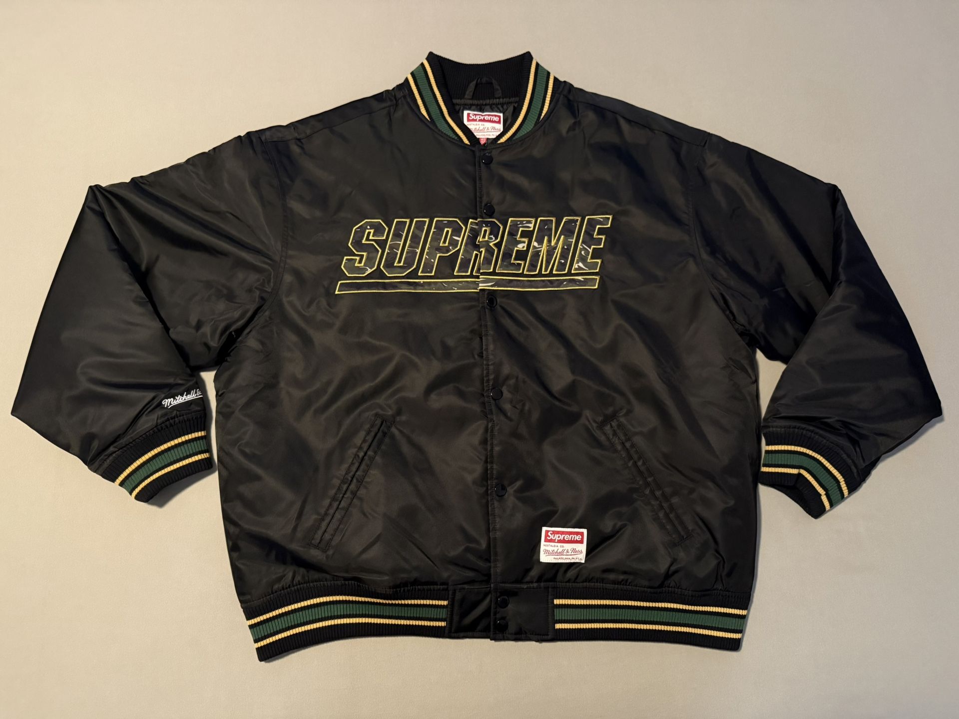 Supreme x Mitchell & Ness Camo Logo Varsity Jacket SS25 Brand New DS