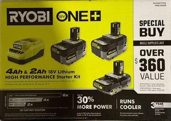 Ryobi 18V ONE+ 4Ah & 2Ah Lithium Starter Kit