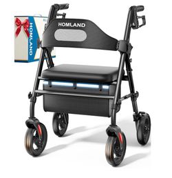 HOMLAND Foldable Rollator Walker for Seniors with Seat, 16" Extra-Wide Seat 8" All-Terrain Wheels, 1.6" Thick Padded Seat, Dual Adjustable Heights, To