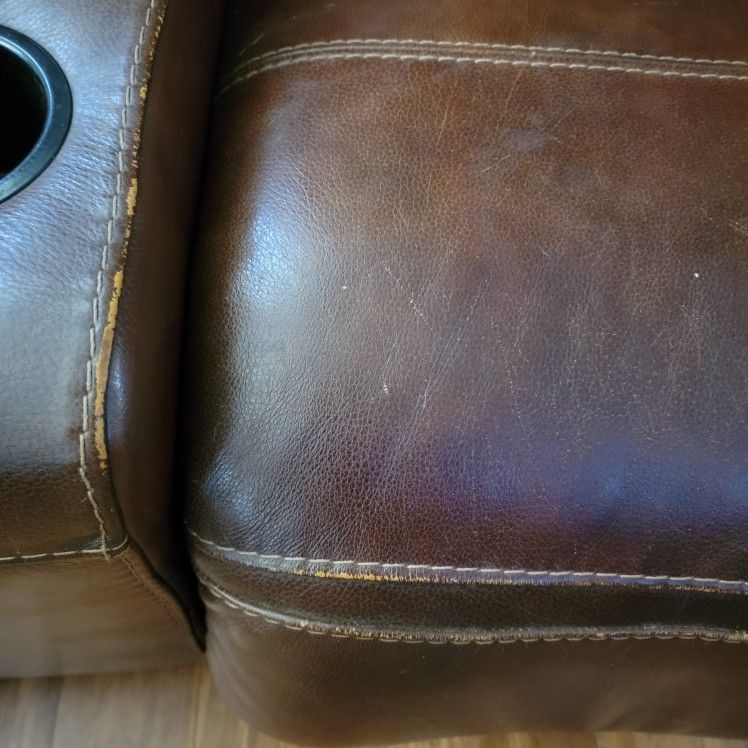 Brown Genuine Leather Reclining Sofa With Center Power Console