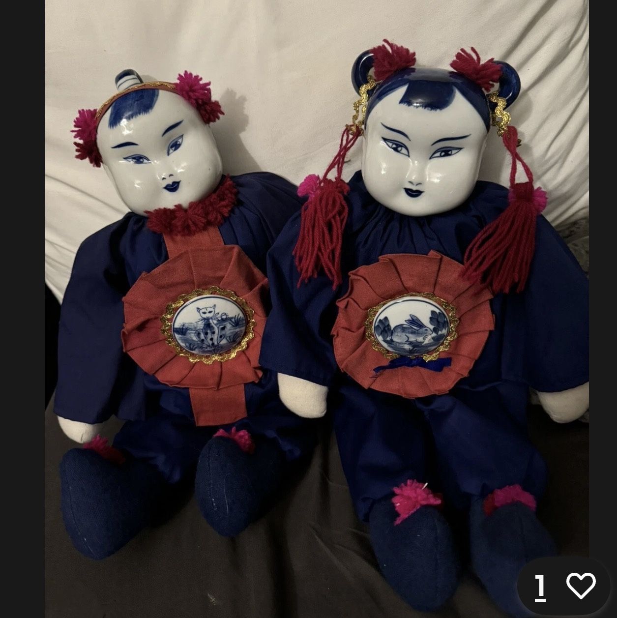 Asian Blue Delft Porcelain Head Cloth Body Dolls Medallion Doll Set