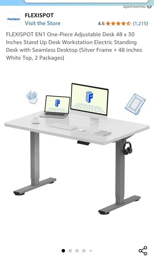 One-Piece Adjustable Desk 48 x 30 Inches Stand Up Desk Workstation Electric Standing Desk with Seamless Desktop (Silver Frame + 48 inches White Top, 2