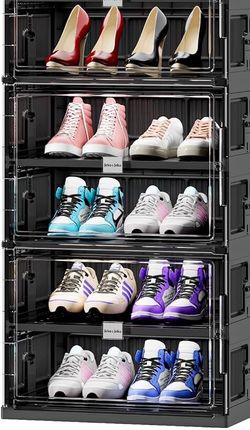 JEKO&JEKO 5 Tiers 10 Pairs Portable Shoe Organizer Storage Boxes with Magnetic Door, Folding X-Large Shoe Rack Free-Standing for Closet Entryway, Snea