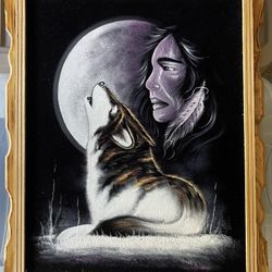 Native American With Wolf Howling At The Moon