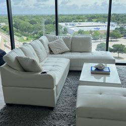 Modern Cream White Leather L-Section Couch 