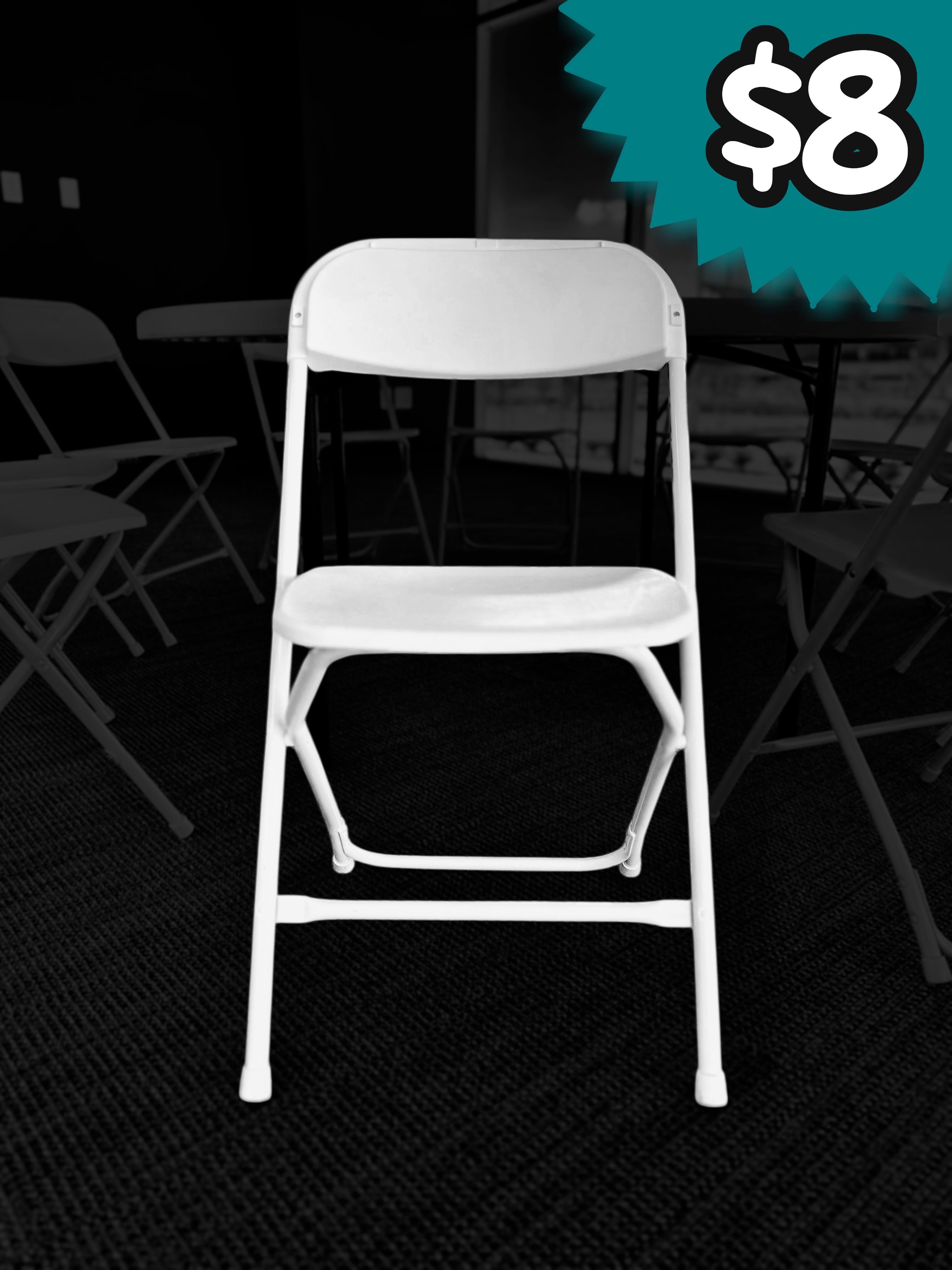 Brand New Commercial Grade White Folding Plastic Chair $8 each sold by the box 800 LBS