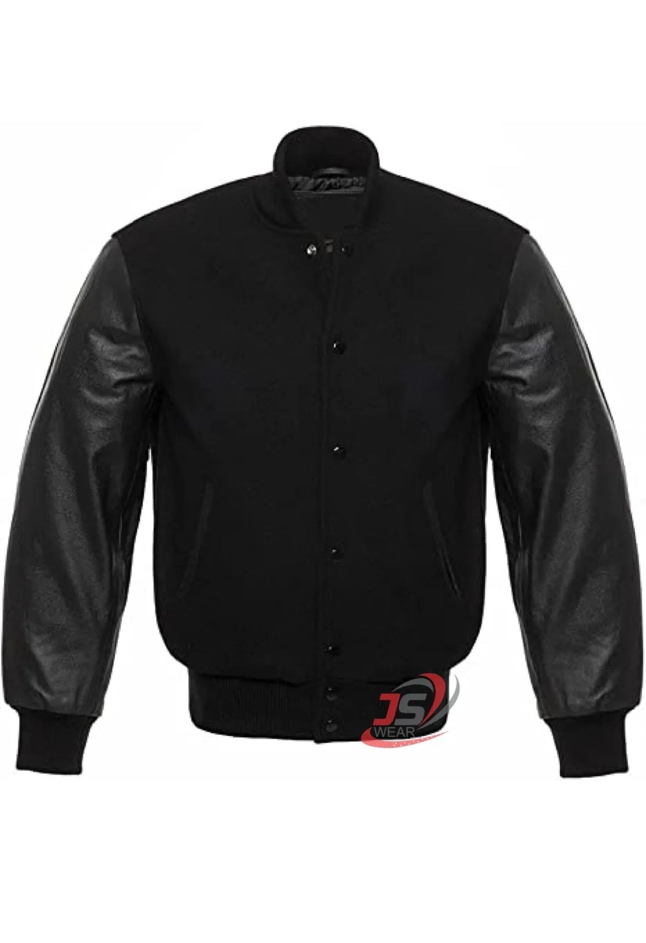 Varsity Bomber Letterman Solid Black Wool & Real Cowhide Leather Sleeves Jackets