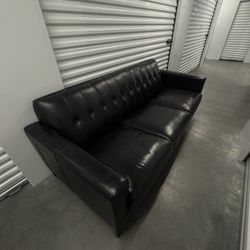 Black Tufted Leather Sofa - Mid Century Style