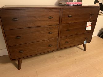 New Mid Century Dresser. Pine Wood / Walnut Finish. 61” X 17” Deep X 36”H. Free Delivery!