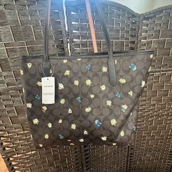 Coach Large Floral Signature Tote Bag Brown/Black Zip Top Inner Pockets