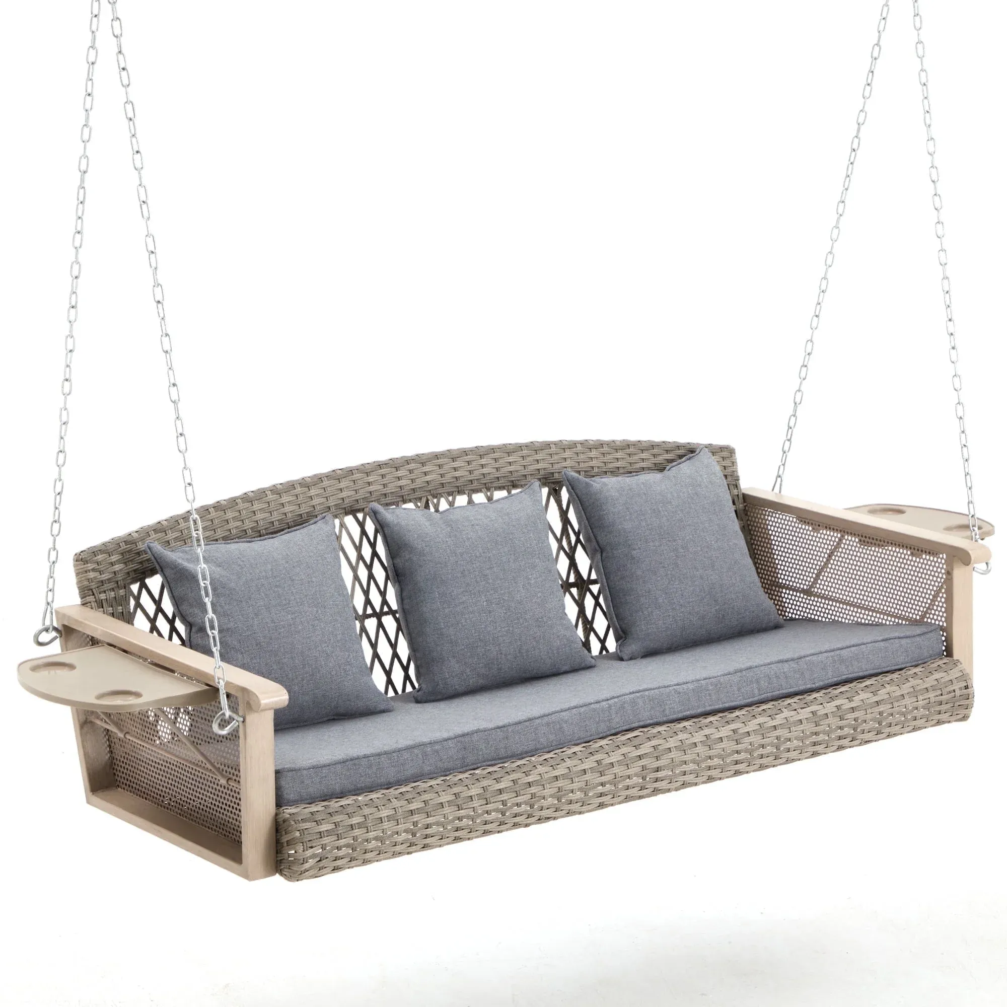 Homrest 3 Person Aluminum Wicker Porch Swing with Cup Holder and Cushions, Grey