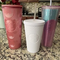 Bundle (3) Starbucks Tumblers Diamond winter white pink & clear pink 16 & 24onz 